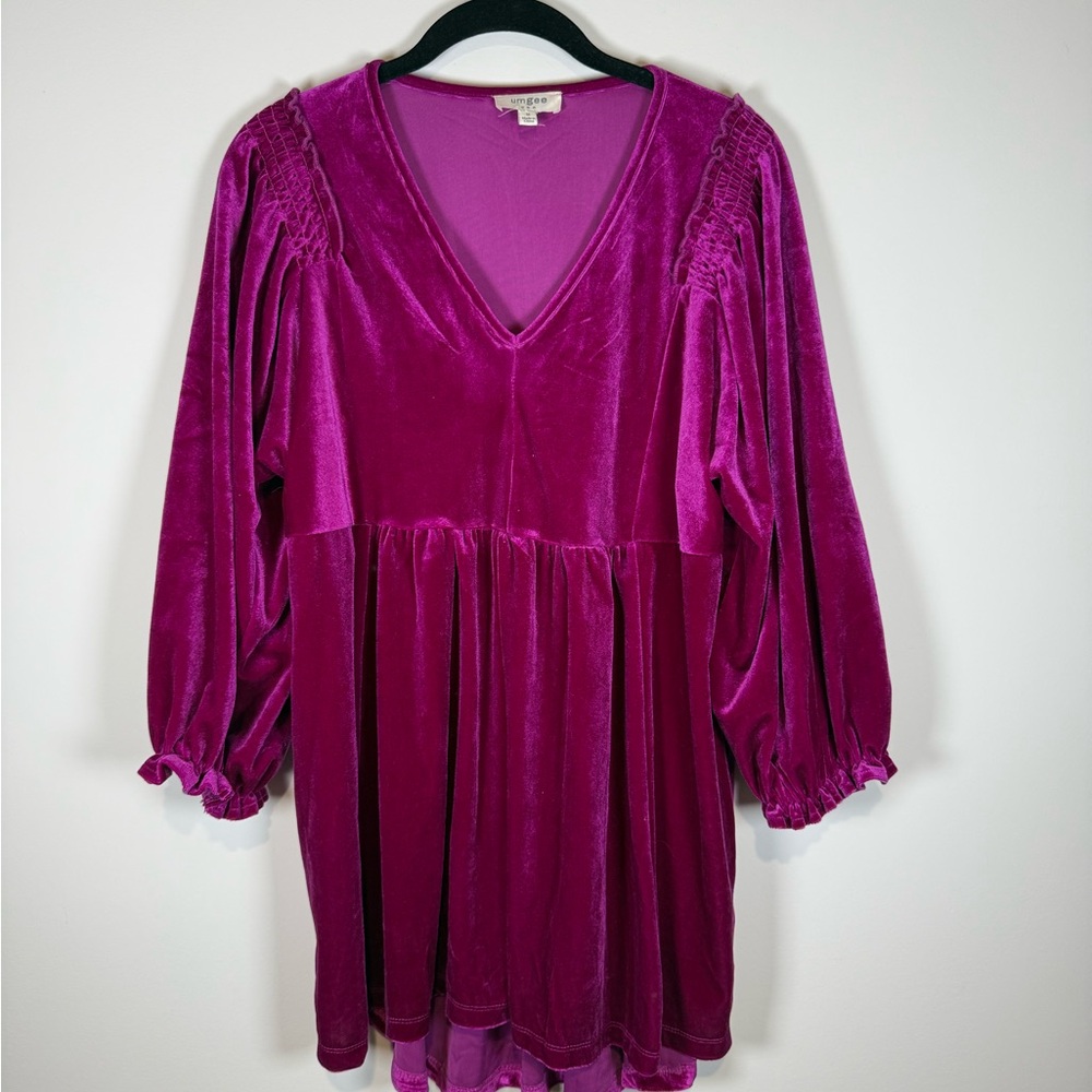 Umgee Magenta Velvet V-Neck Dress